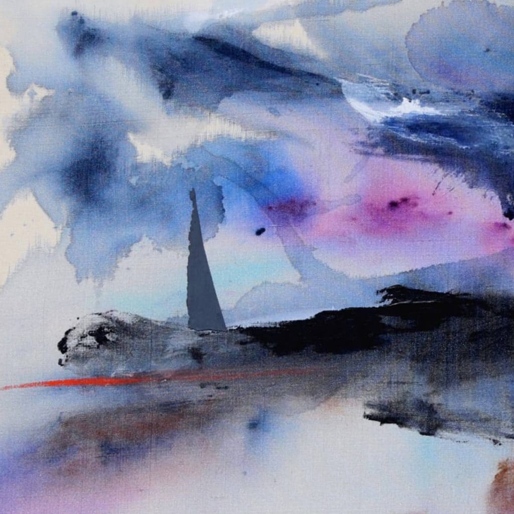 <span class="artinfo"><span class="arttitle">Lightning Strike</span>, 2013, Acrylic & pastel on silk, 13" x 20½" <span class="artsold">sold</span></span>