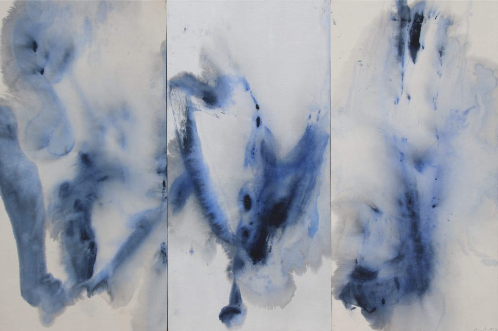 <span class="artinfo"><span class="arttitle">Water's Edge</span> (Triptych), 2013, Acrylic on silk on board, 40" x 60"</span>
